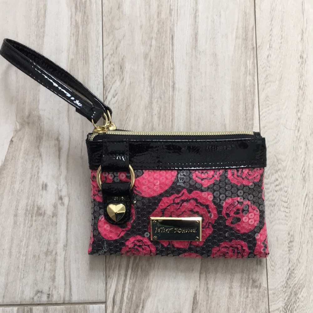 Betsey Johnson Black and Pink Skull Wristlet